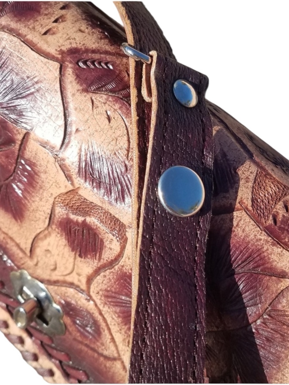 Vintage Mexican Hand Tooled Leather Bag Boho Western Folk Art Handbag - Picture 7 of 7